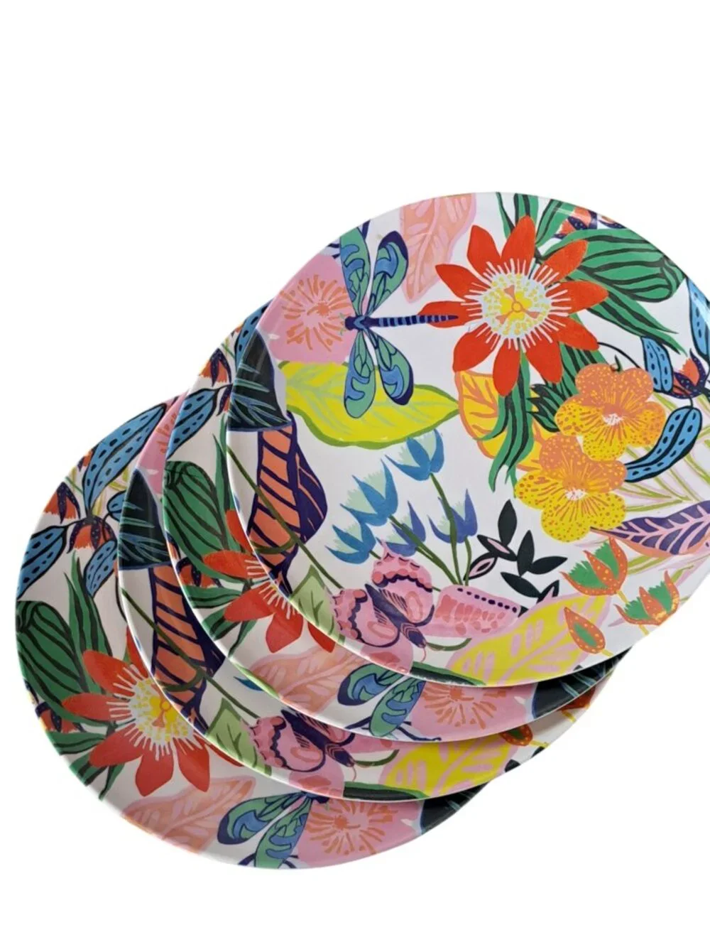 Anthropologie Lot Of 4 Melamine Plates Dragonfly Flowers 10 1/2